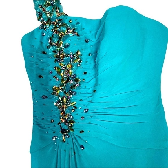 TONY BOWLS BEADED ONE SHOULDER HIGH SLIT CASCADE TRAIN PROM PAGEANT FORMAL GOWN - Picture 8 of 16